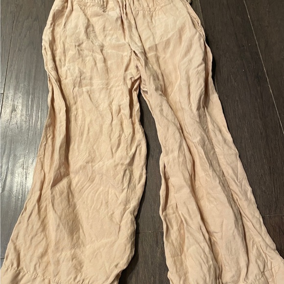 HALSTON Wide Leg Linen Blend Pants Beige Metallic Thread Elastic Waist Women's M - Picture 10 of 10